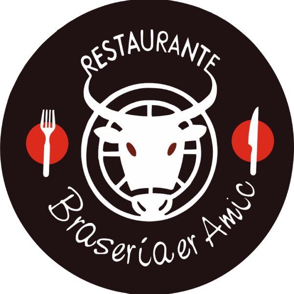Logotipo del restaurante con una cabeza de toro blanca y el texto &ldquo;Braseria er Amic&rdquo; en un c&iacute;rculo oscuro