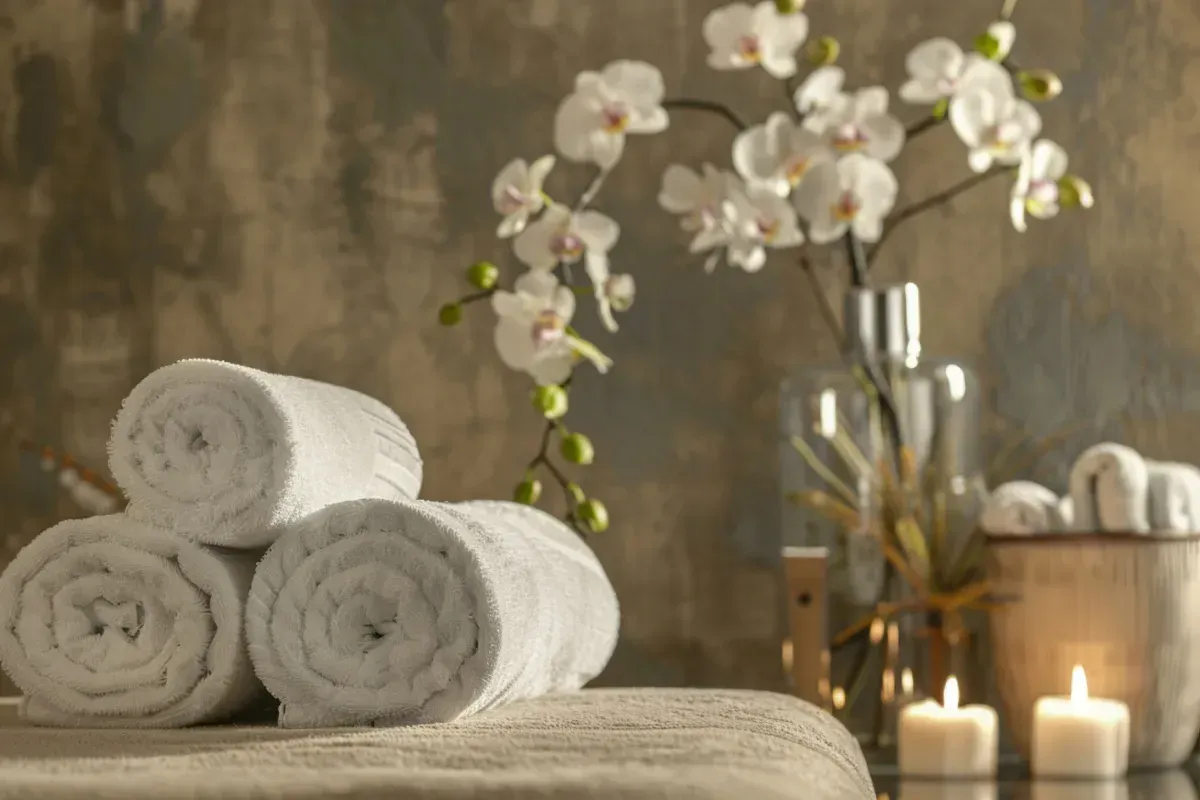 Toallas blancas enrolladas sobre la mesa del spa, con flores de orquídea, velas y fondo.