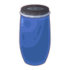 Un barril de plástico azul con una tapa negra sobre un fondo blanco.