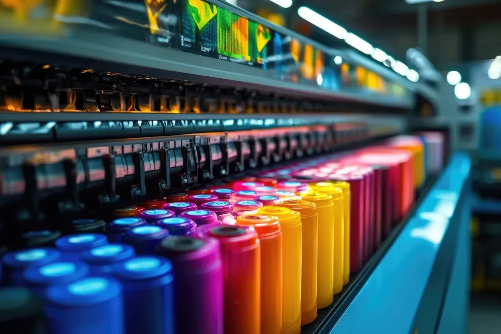 Filas de cartuchos de tinta de colores dentro de una máquina de impresión, en tonos de azul a rojo.