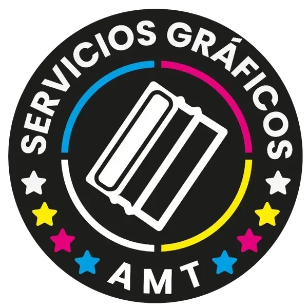 Logotipo circular negro con "SERVICIOS GRÁFICOS" y "AMT". Contiene símbolos de impresión y estrellas de colores.