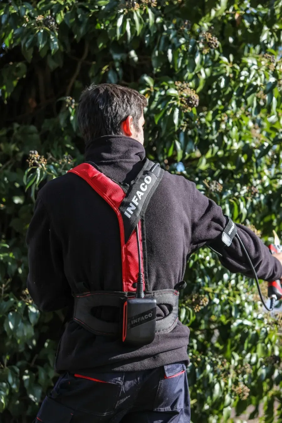 Se ve a una persona de espaldas, con una chaqueta negra con una correa roja, de pie al aire libre junto a una vegetación frondosa.