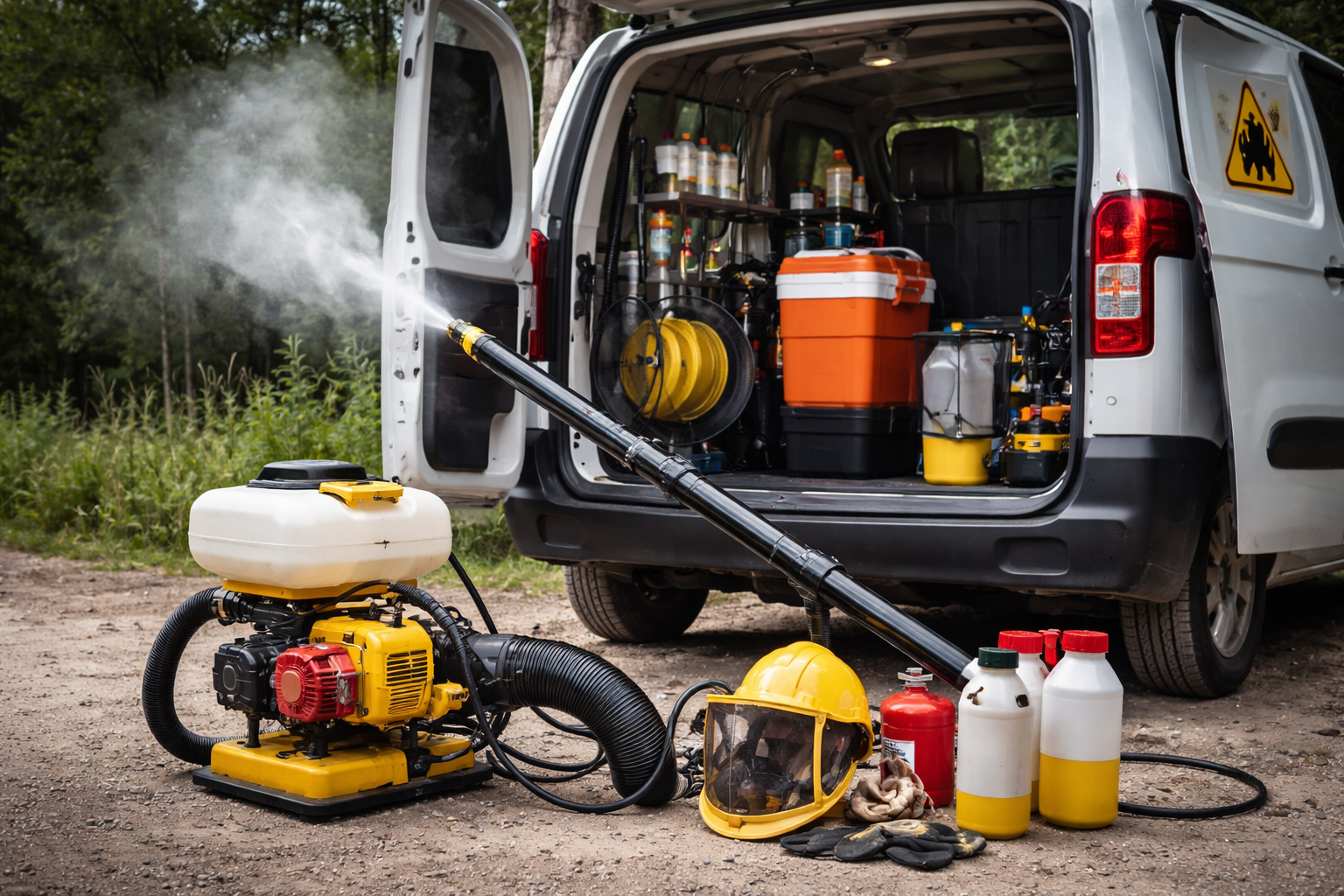 Matériel de pulvérisation installé à côté.