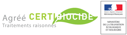 Logo pour « Agréé Certiphyto », avec un motif de feuille verte et le logo du gouvernement français.