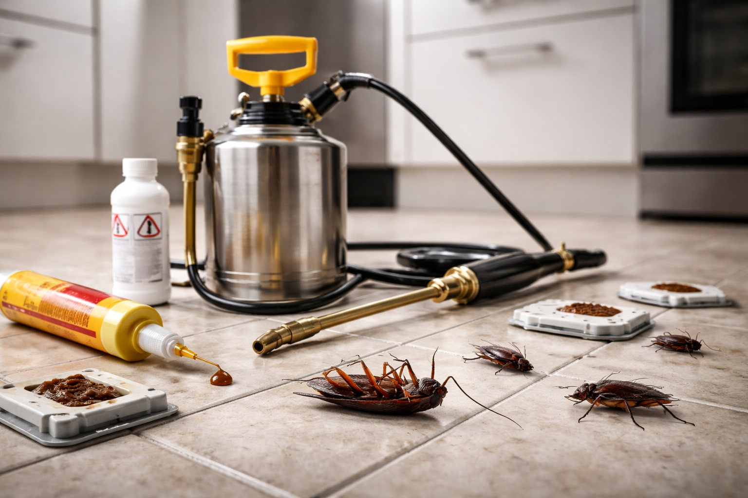Matériel de lutte antiparasitaire sur un sol carrelé de cuisine, avec des cafards morts et des stations d'appât.