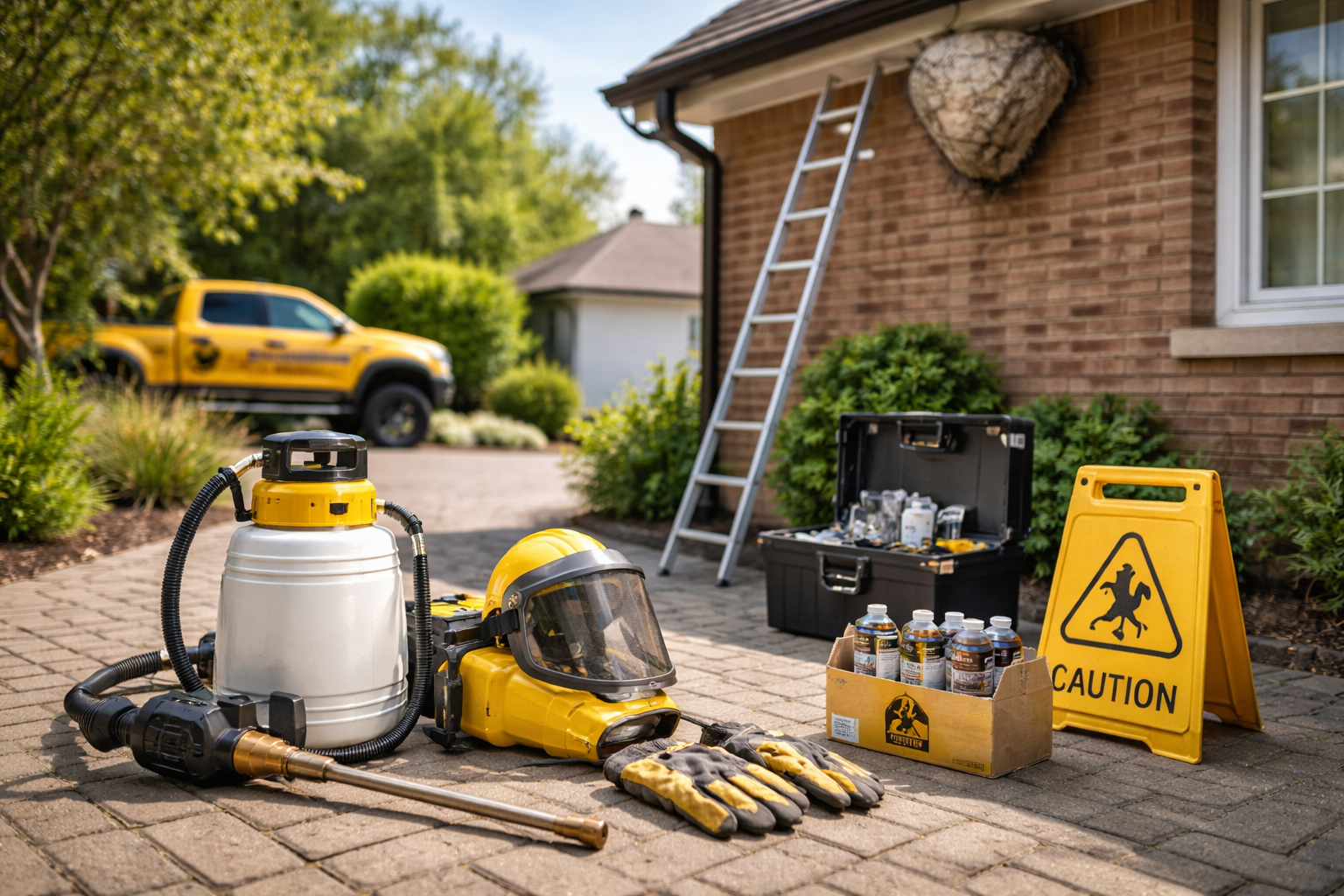  Camion jaune, échelle et panneau de signalisation visibles.