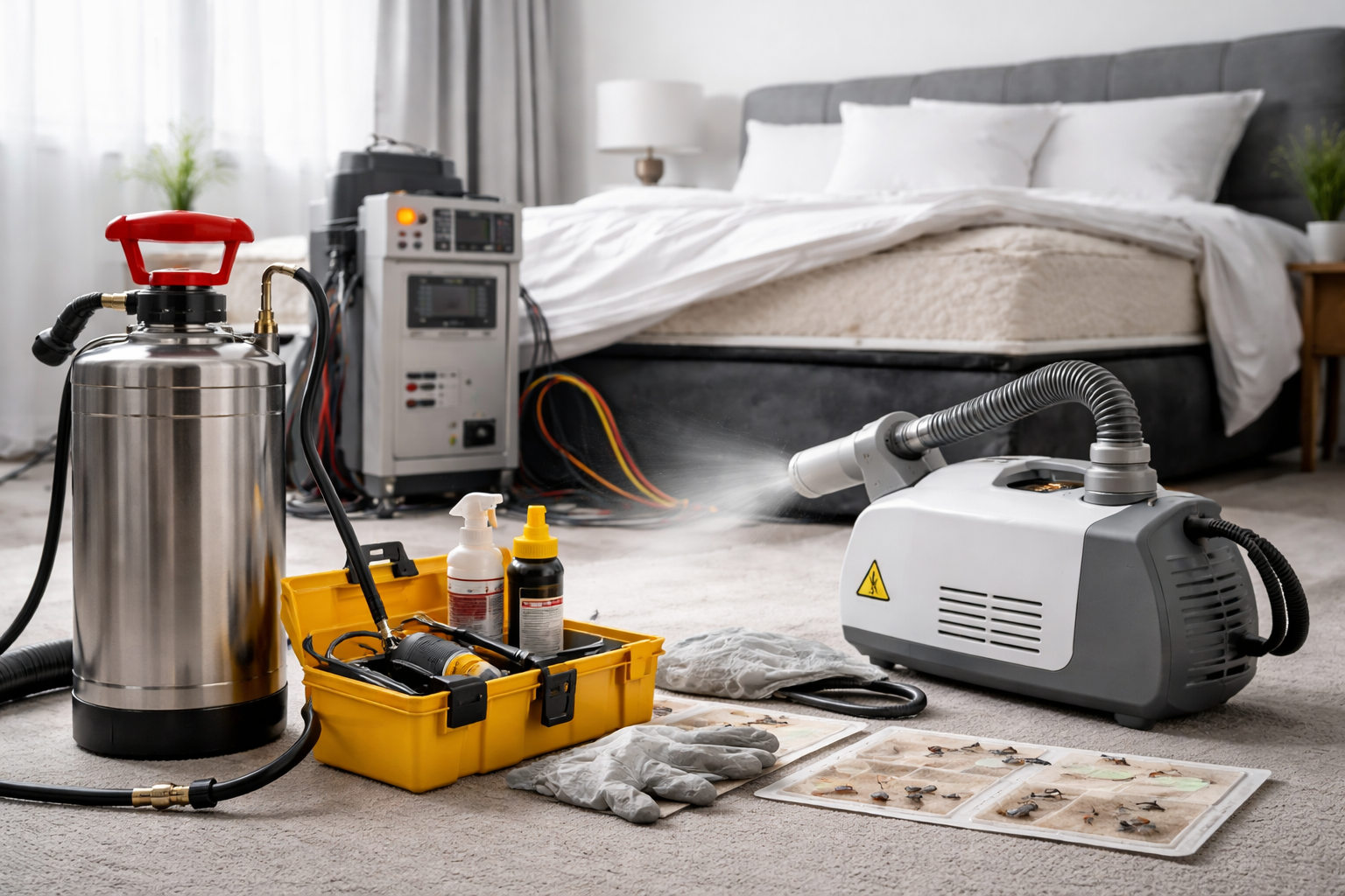 Matériel de traitement contre les punaises de lit dans une chambre à coucher.