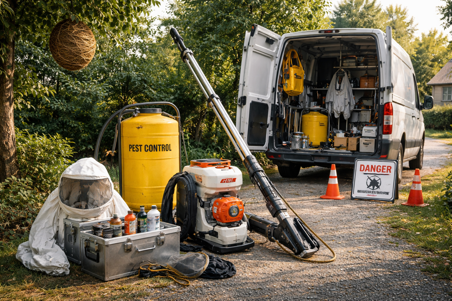 Matériel de lutte antiparasitaire : camionnette, combinaison de protection, pulvérisateur.