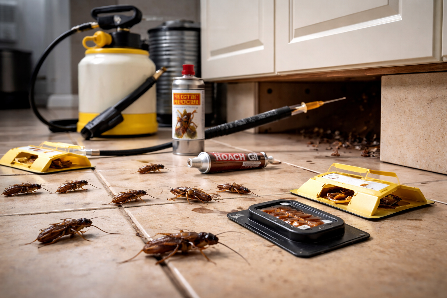 Des cafards éparpillés près d'un distributeur d'insecticide sur le sol d'une cuisine.