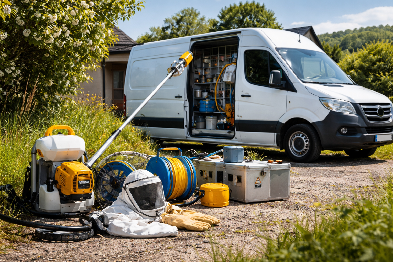 Fourgonnette blanche, porte ouverte, entourée de matériel de désinsectisation. Combinaison de protection.