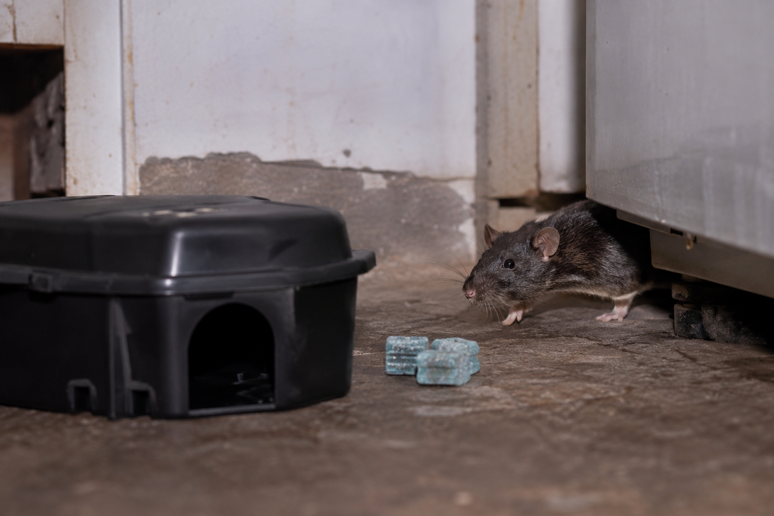 Outils de lutte contre les rongeurs et rats morts exposés sur une surface en béton, illustrant la lutte antiparasitaire.