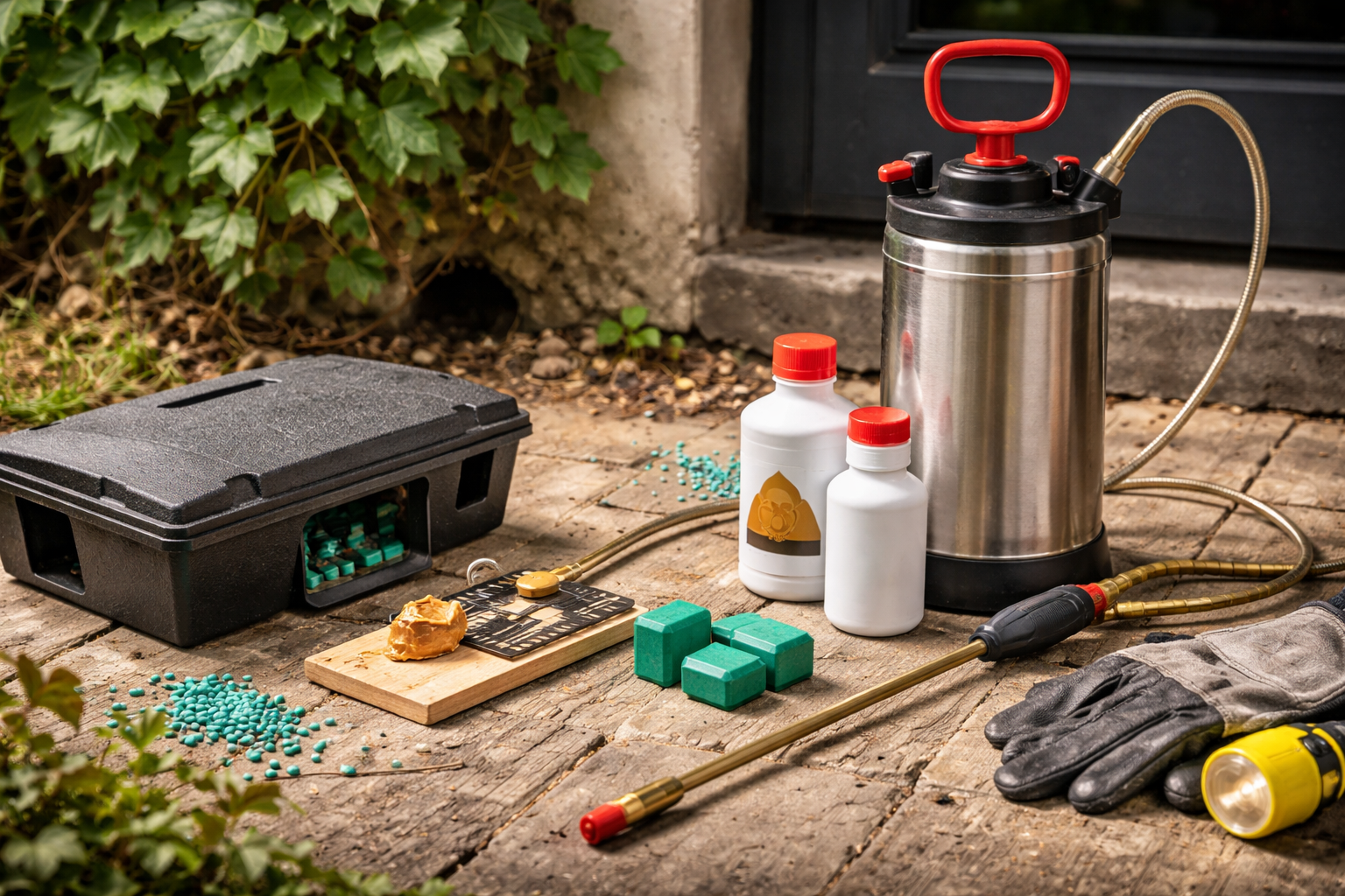 Matériel de lutte antiparasitaire sur une terrasse en pierre .