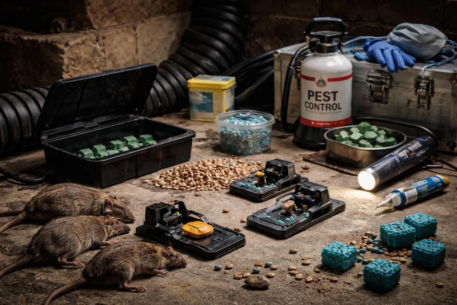 Outils de lutte contre les rongeurs et rats morts exposés sur une surface en béton, illustrant la lutte antiparasitaire.