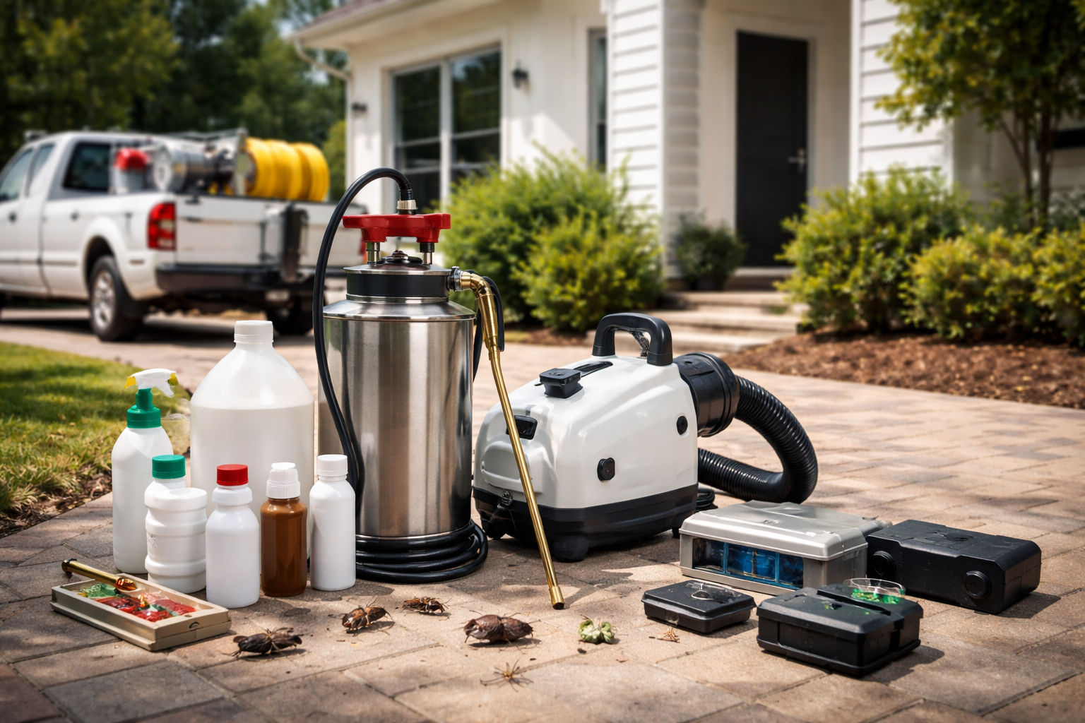 Matériel de lutte antiparasitaire devant une maison.