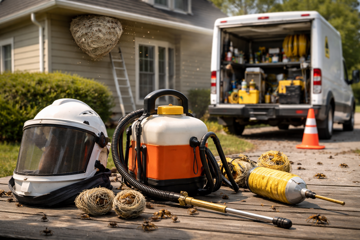 Intervention de désinsectisation : nid de guêpes sur une maison, matériel, équipement de protection, fourgonnette de service.