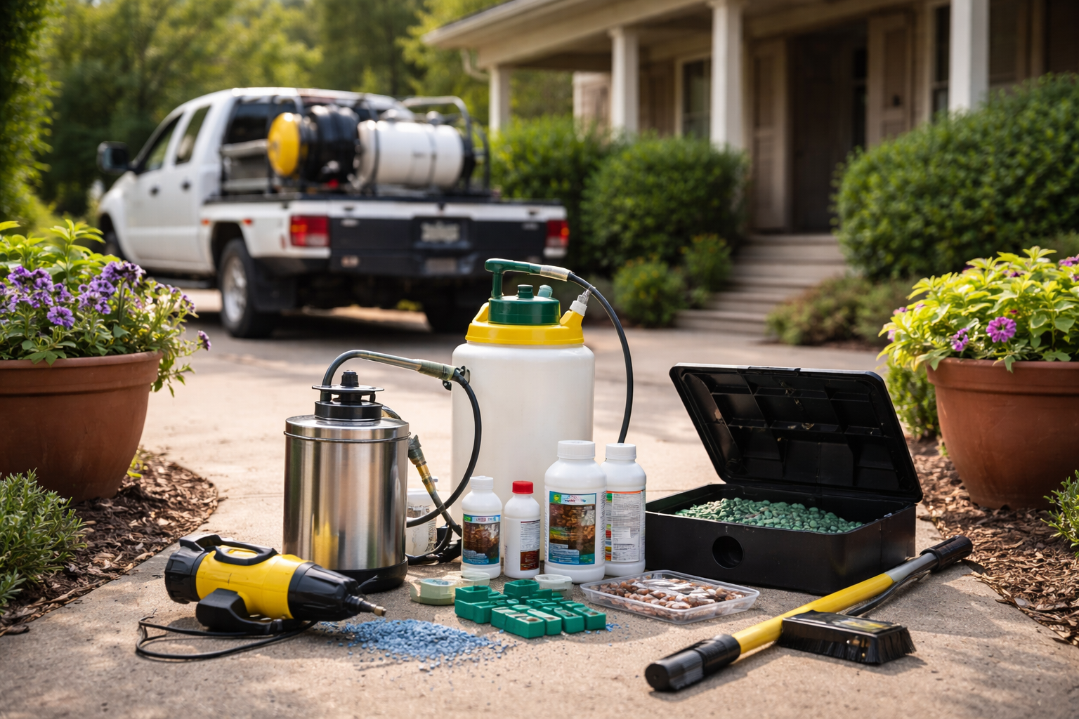 Du matériel de lutte antiparasitaire devant une maison, comprenant des pulvérisateurs.