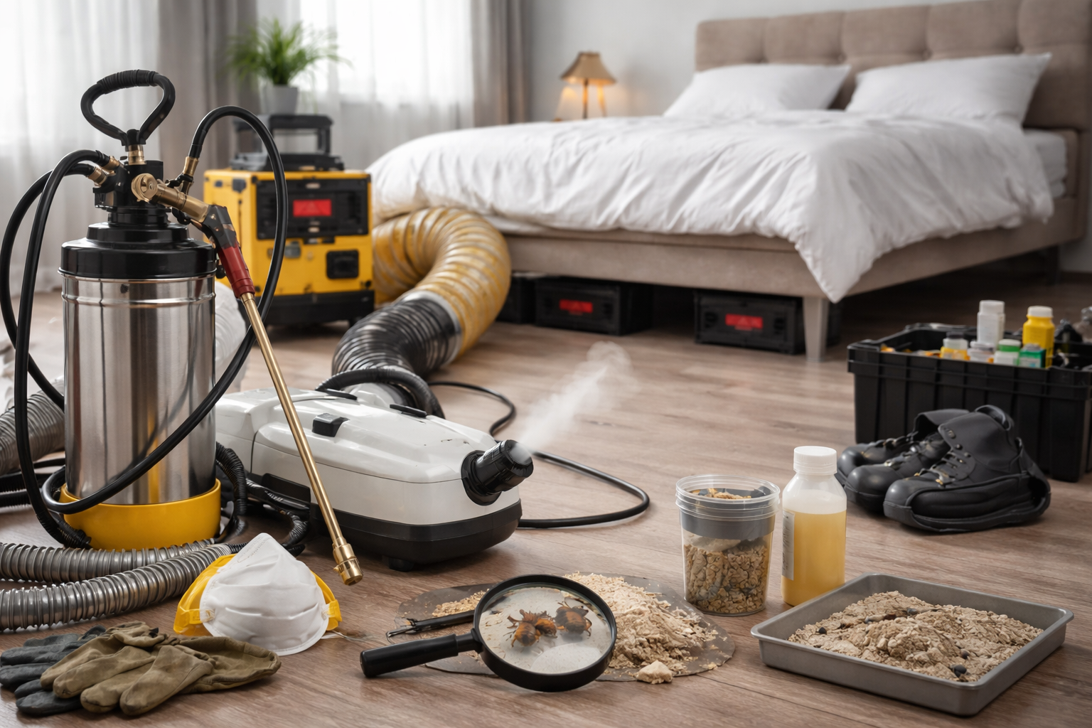 Du matériel de désinsectisation est installé dans une chambre. Pulvérisateur, nettoyeur vapeur.