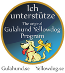 Logo with gold border and blue background promoting “Ich unterstütze das original Gulahund Yellowdog Program”