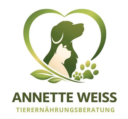 Grünes Logo mit Hunde- und Katzensilhouette in einem Herz, beschriftet mit „ANNETTE WEISS TIERERNÄHRUNGSBERATUNG“