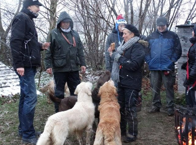 Menschen stehen im Winter im Freien, zwei große Hunde blicken ihnen entgegen.