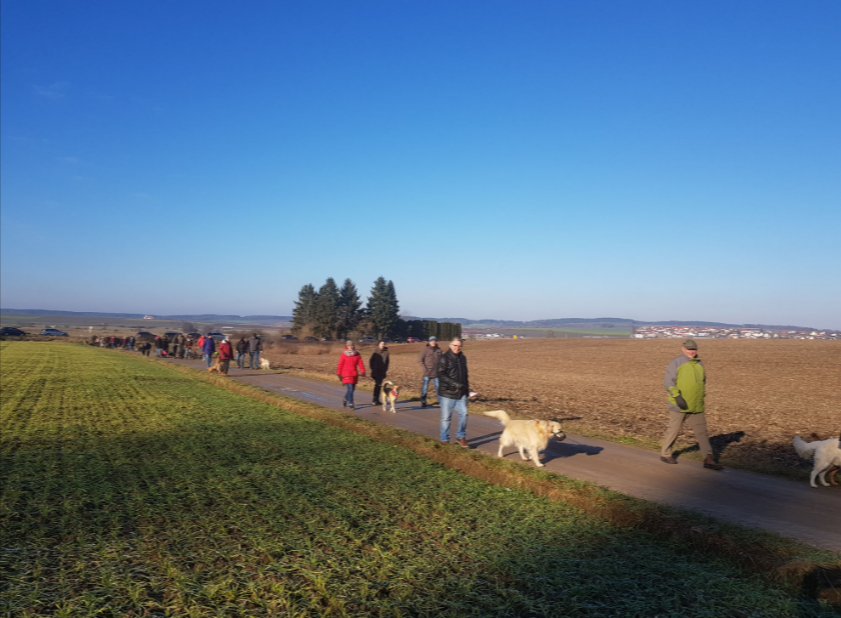 Menschen führen ihre Hunde auf einem grasbewachsenen Pfad neben offenen Feldern unter klarem, blauem Himmel aus.
