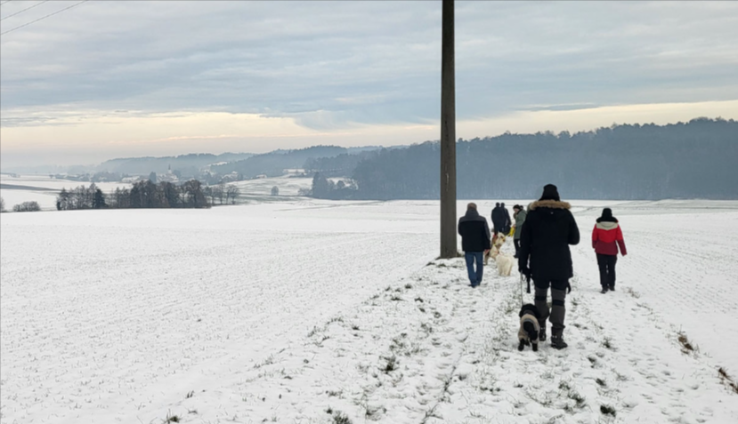 Menschen spazieren auf einem verschneiten Pfad mit Blick auf eine gefrorene Landschaft und ferne Hügel.