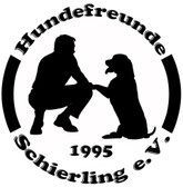 Schwarz-weißes Logo mit zwei Hundesilhouetten und dem Text „Hundefreunde Schierling e.V. 1995“