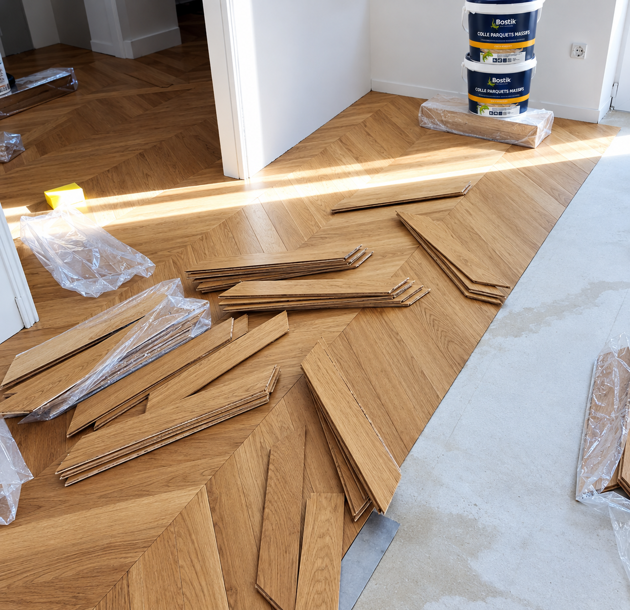 Parquet stratifié à clipser en pose chevron