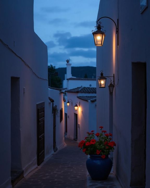 Un estrecho callejón iluminado con luz azul, faroles cálidos y una maceta con una planta de flores rojas al anochecer.