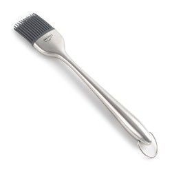 Cepillo de acero inoxidable con cerdas de silicona gris.