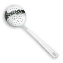 Cuchara ranurada de acero inoxidable con cabeza redonda y mango largo.