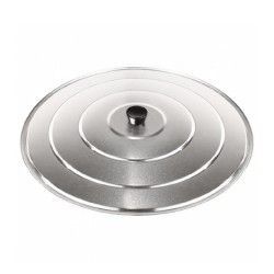 Pantalla antisalpicaduras de metal plateado para cocinar con perilla negra.