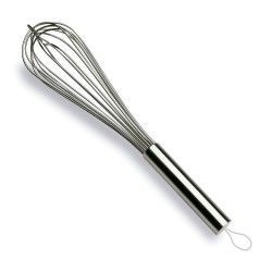 Batidor de alambre con mango de acero inoxidable, asa para colgar.