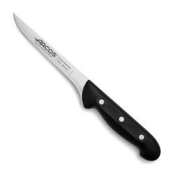 Cuchillo deshuesador con mango negro y hoja curva; blanco y negro.