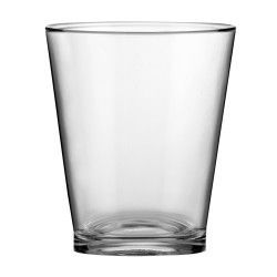 Vaso para beber transparente, vacío y ligeramente cónico.