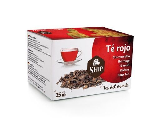 Caja de té rojo SHIP con taza de té rojo y hojas sueltas de té.
