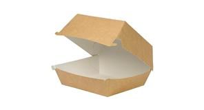 Contenedor de alimentos de papel marrón, abierto, con interior blanco.