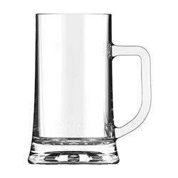 Jarra de cerveza de vidrio transparente con asa.