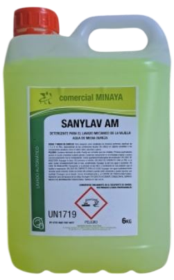 Botella azul de jabón para platos, etiquetada 