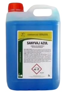 Líquido azul en un recipiente de plástico de 5L etiquetado 