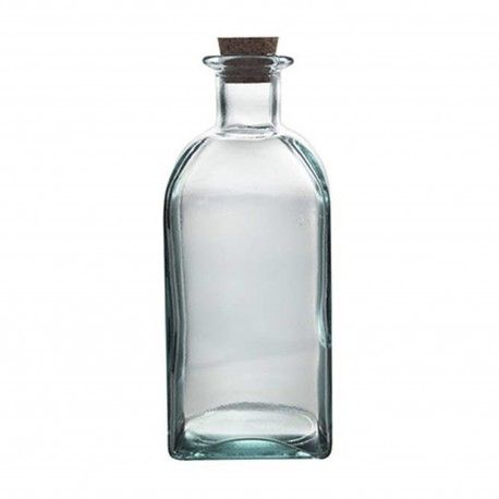 Botella de vidrio transparente con tapón de corcho.
