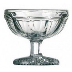 Plato de postre de vidrio transparente con tallo, con lados acanalados y base circular.