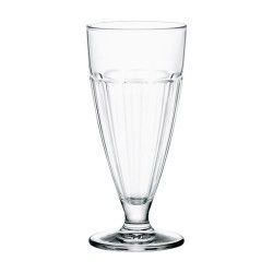 Copa de helado o parfait de cristal transparente con cuerpo cónico acanalado y pie redondo.