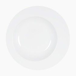 Cuenco para sopa de porcelana, blanco, redondo, vista superior, sobre fondo blanco.