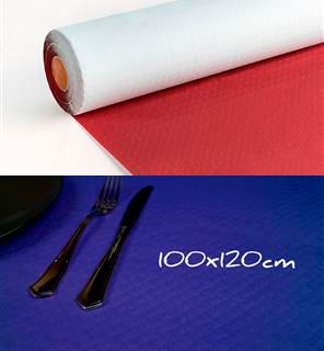 Rollo de mantel rojo y blanco con muestra que muestra un mantel azul y cubiertos.