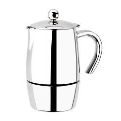 Cafetera espresso de acero inoxidable con tapa y asa.