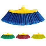 Escoba azul y amarilla con diferentes opciones de color en la parte inferior: verde, rojo y verde claro.