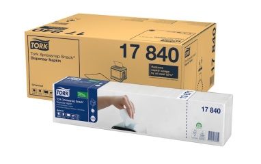 Caja de cartón y rollo de toallas de papel blancas; marca “Tork”.