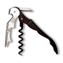 Abridor de botellas de vino con mango negro y componentes metálicos plateados.