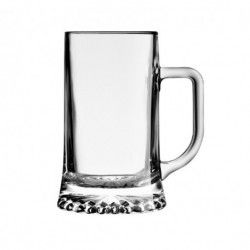 Jarra de cerveza vacía de vidrio transparente con asa.